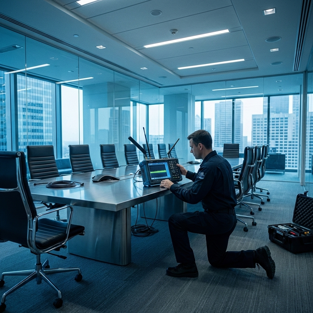 Corporate TSCM bug sweep of boardroom with RF detection equipment in Toronto Ontario