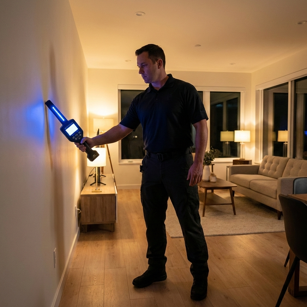 Residential bug sweep technician inspecting home for hidden cameras in Aurora Ontario